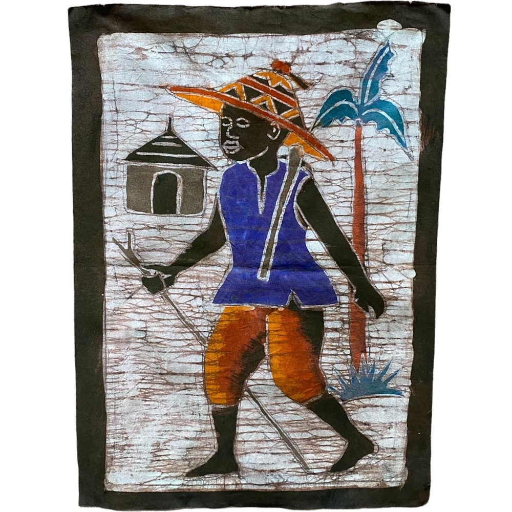 Batik Man with Walking Stick Hand Dyed Fabric Panel by Artist Theodore Asshola